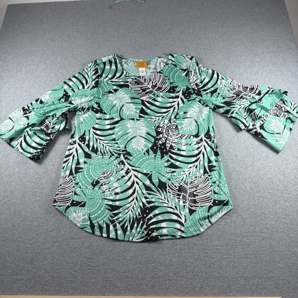 Ruby Road Top Womens M Green Black Tropical Peasant Blouse Ruffle Boho Festival